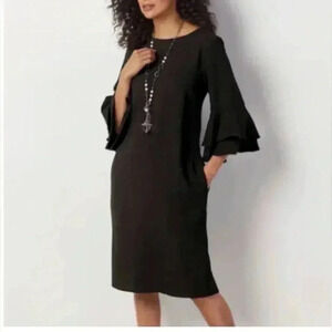 Woman SOFT SURROUNDINGS Black 3/4 Sleeve Ruffle Crepe Dress Sz XS EUC LBD